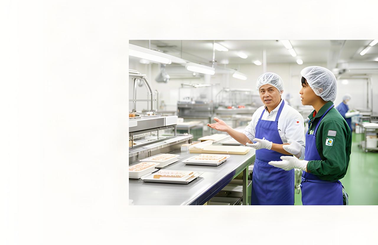 山梨県の食品加工工場で、現場責任者が外国人スタッフに作業手順を説明している様子